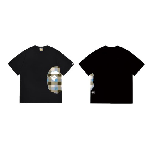 Side minimalist plaid monkey head short sleeved  print T-shirt 2 colors 29053569