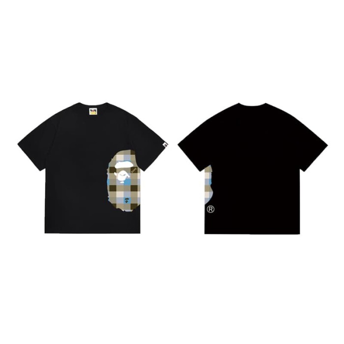 Side minimalist plaid monkey head short sleeved  print T-shirt 2 colors 29053569