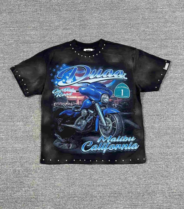 California Highway Motorcycle Rhinestone Print Washed Tee 29053842
