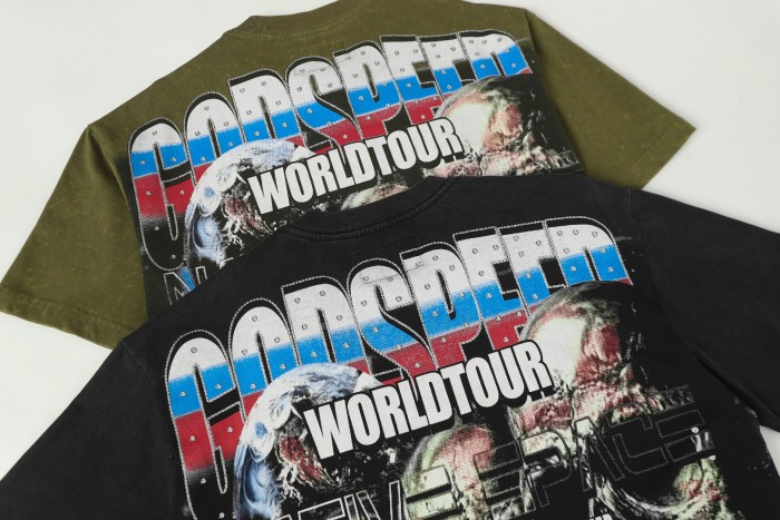 World Tour Three Skulls Black and Army Green Dual-Color Distressed T-Shirt 2 colors 29053372