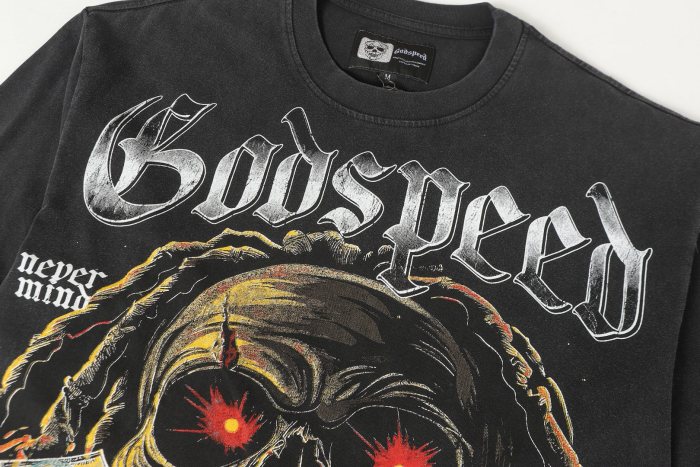 Dirty braids, red eyes, banknotes, skeletons, flames, worn-out black T-shirt 29053388