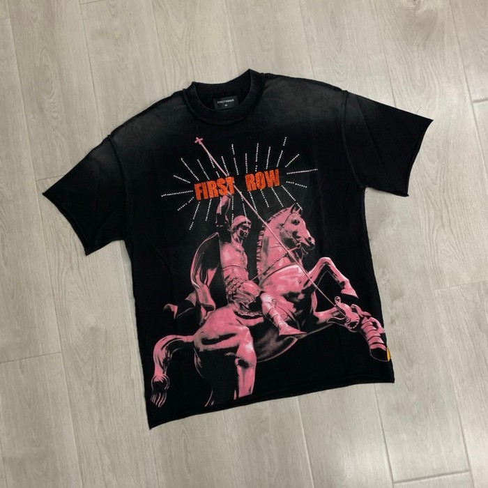 Pink And Black Warhorse Knight Rhinestone Print Washed Tee 29054085