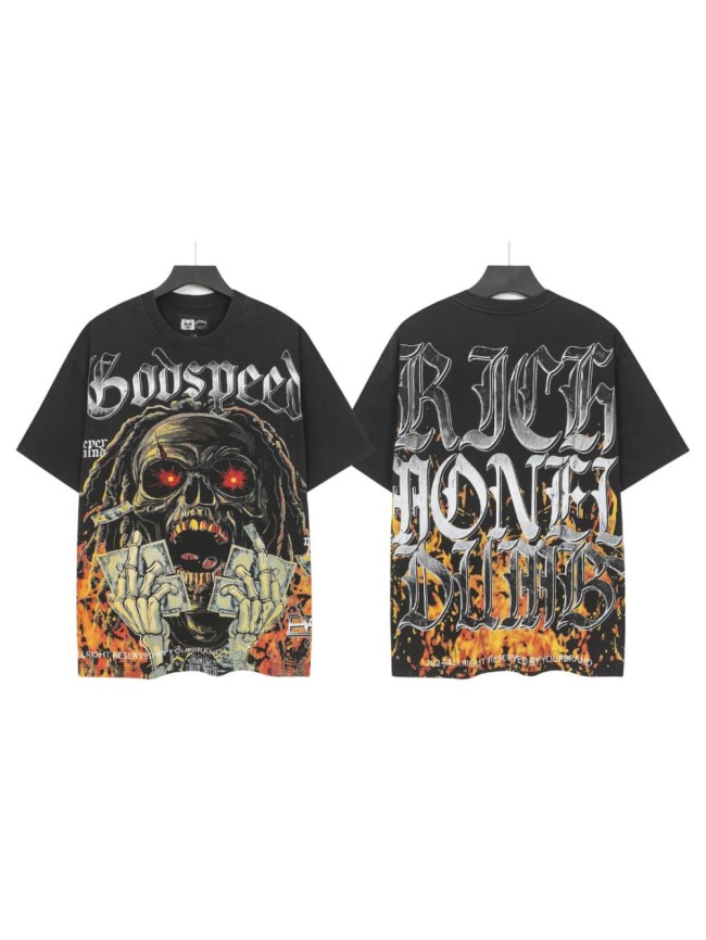 Dirty braids, red eyes, banknotes, skeletons, flames, worn-out black T-shirt 29053388