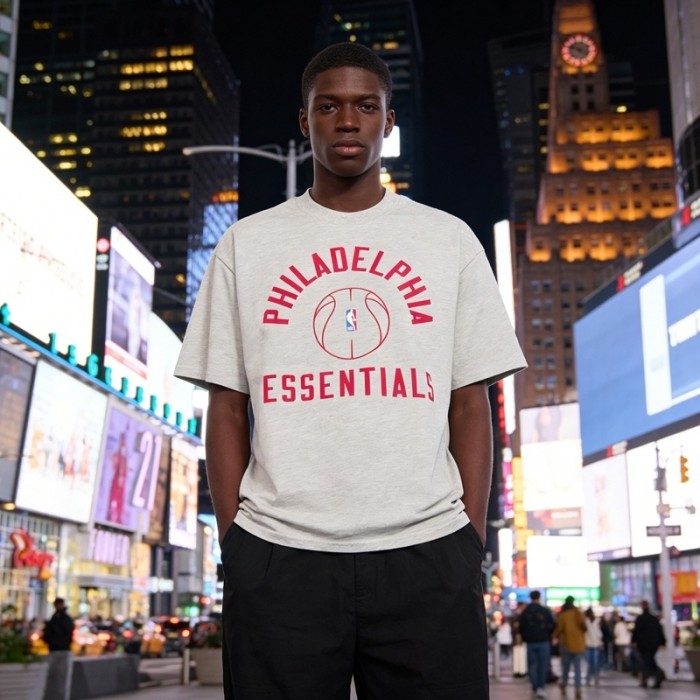 Philadelphia curved letter basketball silhouette black loose T-shirt 2 colors 29053653