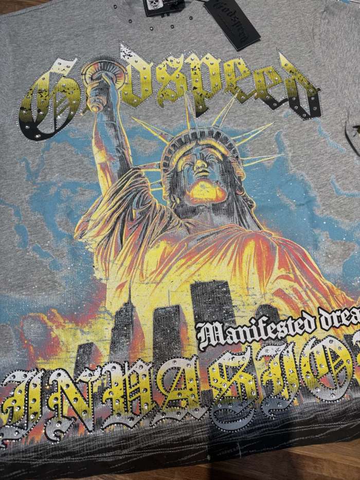 Statue of Liberty hot-fix rhinestone rivet black and gray dual-color vintage T-shirt 2 colors 29053374