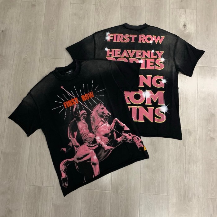 Pink And Black Warhorse Knight Rhinestone Print Washed Tee 29054085