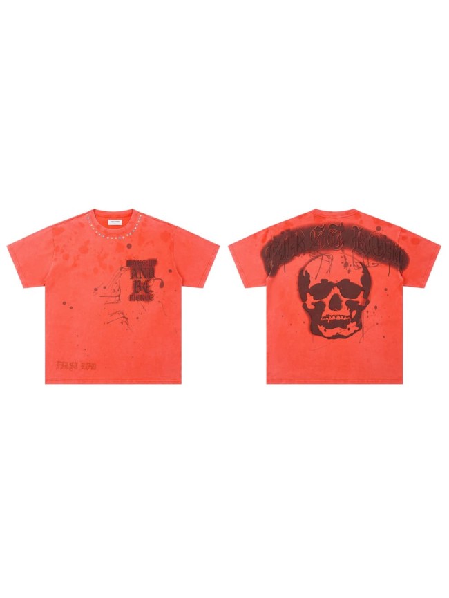 Blood Stain Skull Rhinestone Print Washed Tee 29054097