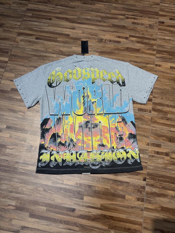 Statue of Liberty hot-fix rhinestone rivet black and gray dual-color vintage T-shirt 2 colors 29053374
