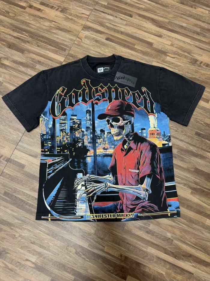 City nightscape, playing the piano, skeleton gradient, slogan, vintage T-shirt 29053390