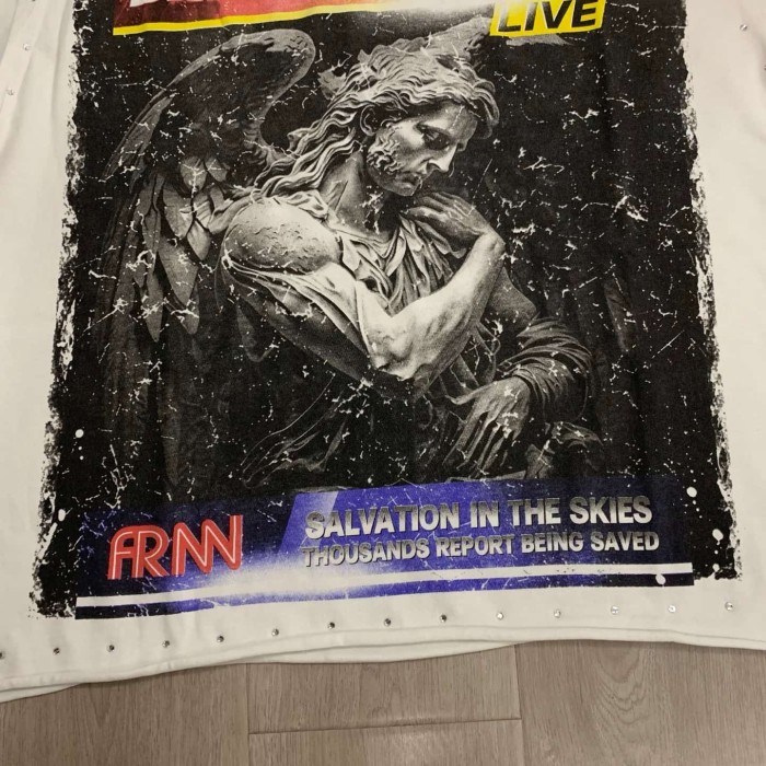 News Style Angel Rhinestone Print Washed Tee 29054086