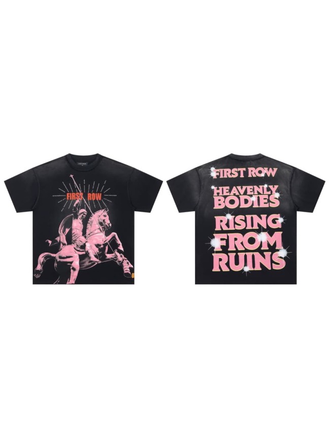 Pink And Black Warhorse Knight Rhinestone Print Washed Tee 29054085