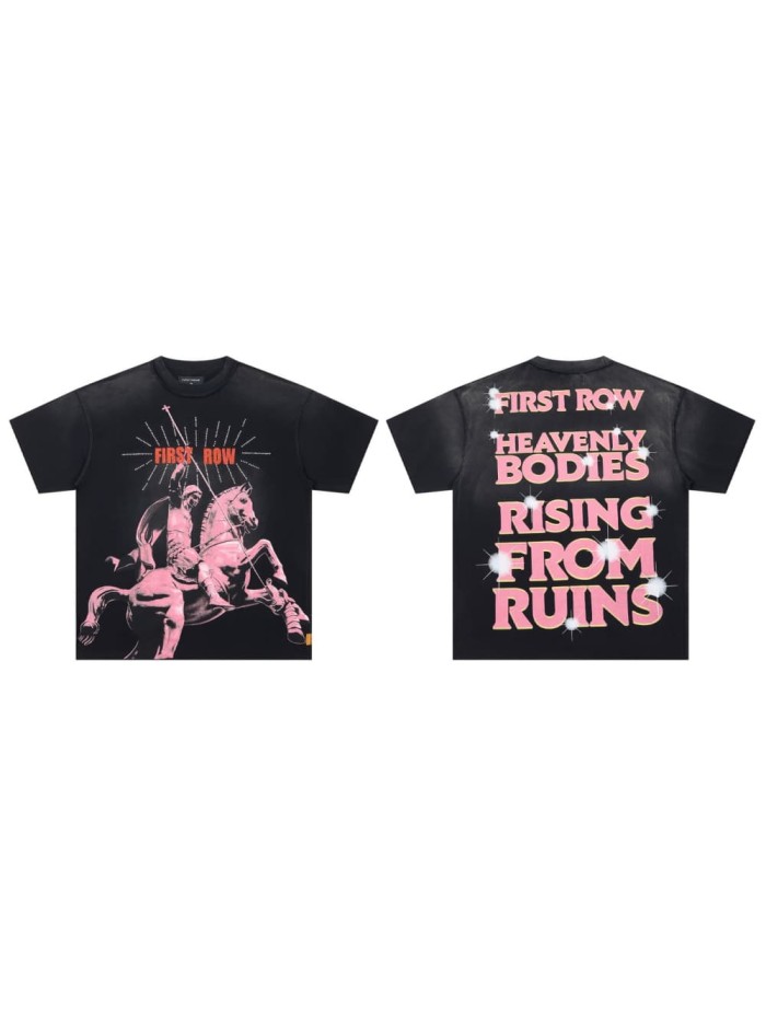Pink And Black Warhorse Knight Rhinestone Print Washed Tee 29054085