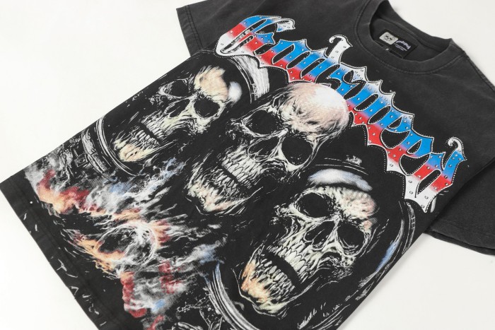 World Tour Three Skulls Black and Army Green Dual-Color Distressed T-Shirt 2 colors 29053372