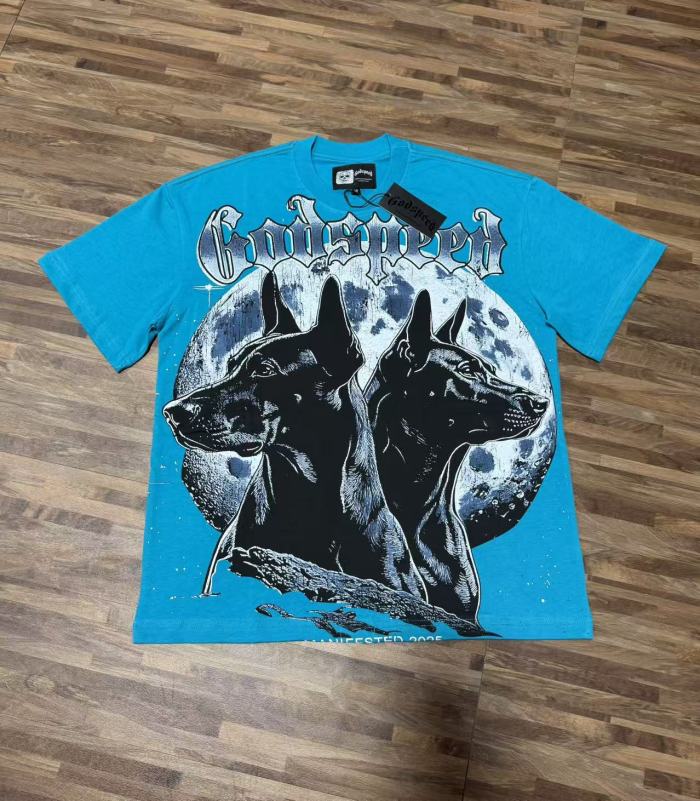 Double Doberman Pinscher Full Moon Lake Blue Distressed Short-Sleeve T-Shirt 29053396