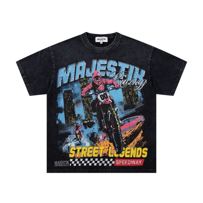 Street Legend Motorcycle Rhinestone Print Washed Tee 29060724