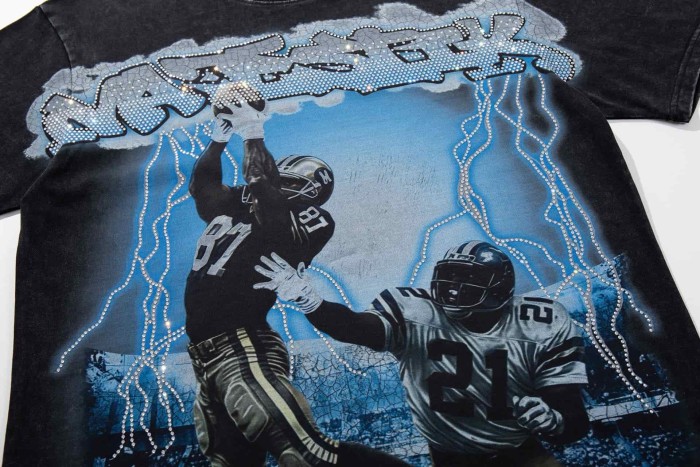 Football Catch Moment Rhinestone Print Washed Tee 29060785