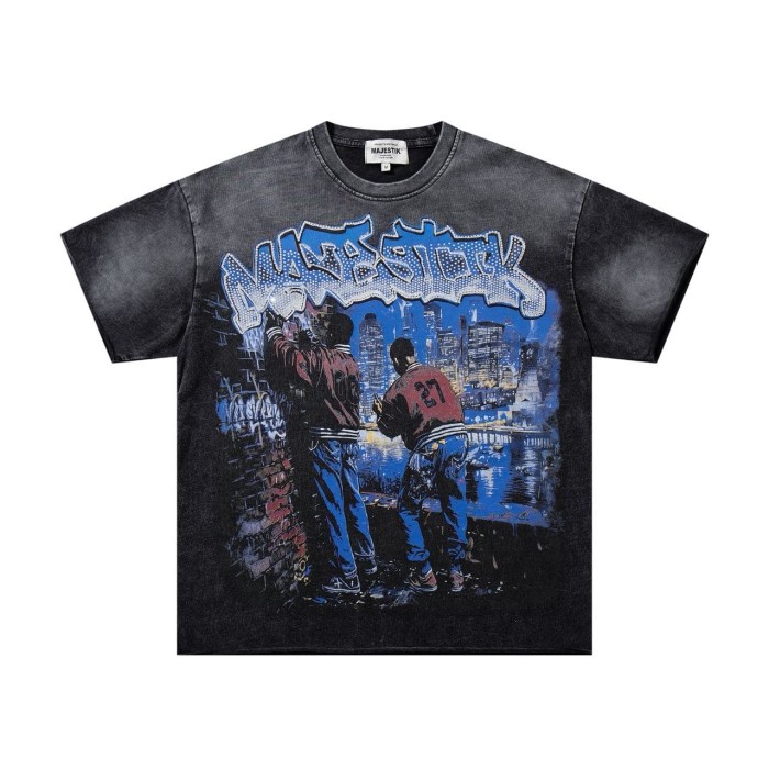 City Night View Graffiti Art Rhinestone Print Washed Tee 29060728