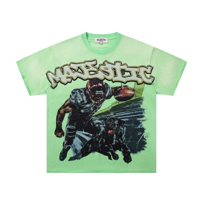Football Player And Black Dog Rhinestone Print Washed Tee 29060786