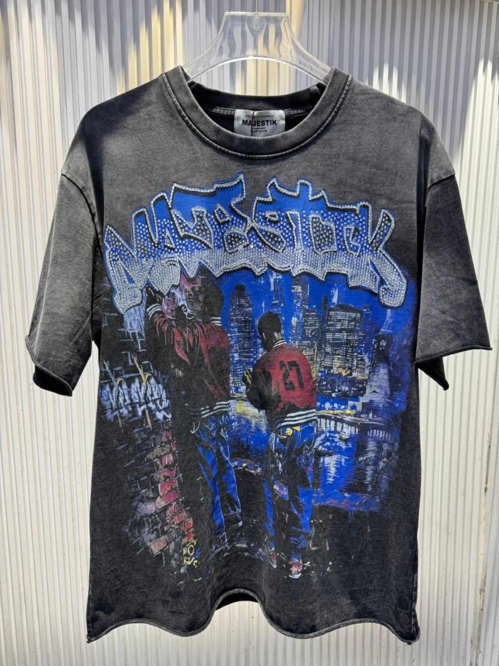 City Night View Graffiti Art Rhinestone Print Washed Tee 29060728