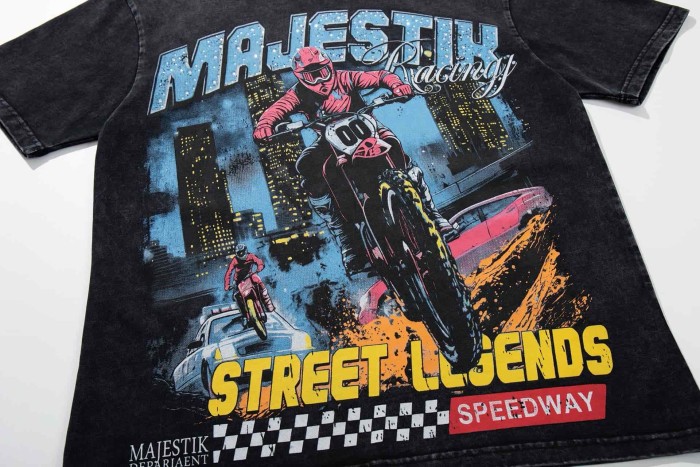 Street Legend Motorcycle Rhinestone Print Washed Tee 29060724