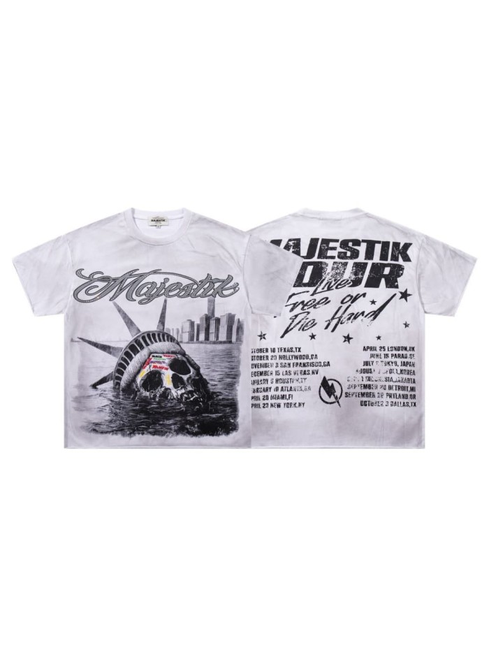 Statue Of Liberty Skull Rhinestone Print Washed Tee 29060727