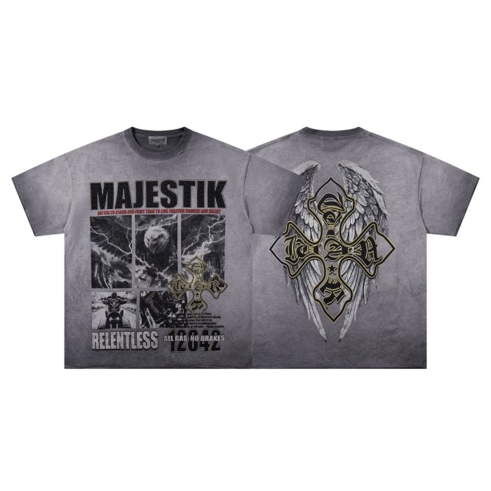 Collage Eagle Dark Cross Rhinestone Print Washed Tee 29060735