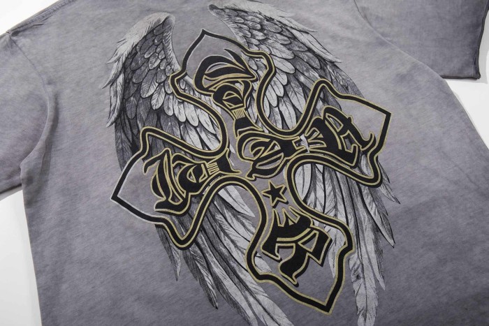 Collage Eagle Dark Cross Rhinestone Print Washed Tee 29060735