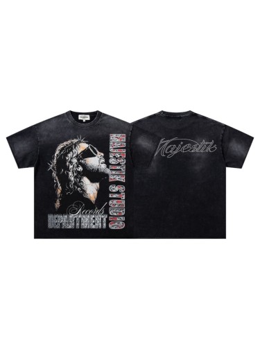Sunglasses Hip Hop Jesus Rhinestone Print Washed Tee 29060733