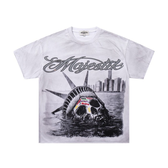 Statue Of Liberty Skull Rhinestone Print Washed Tee 29060727