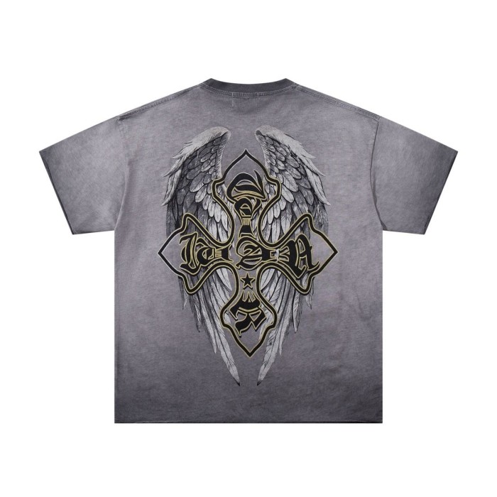 Collage Eagle Dark Cross Rhinestone Print Washed Tee 29060735