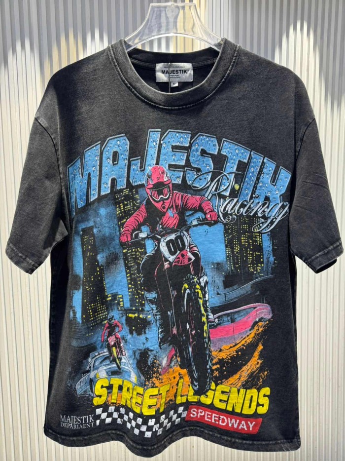 Street Legend Motorcycle Rhinestone Print Washed Tee 29060724