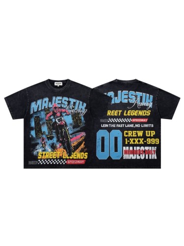 Street Legend Motorcycle Rhinestone Print Washed Tee 29060724