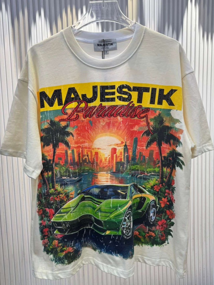 Miami Sunset Sports Car Rhinestone Print Washed Tee 29060732