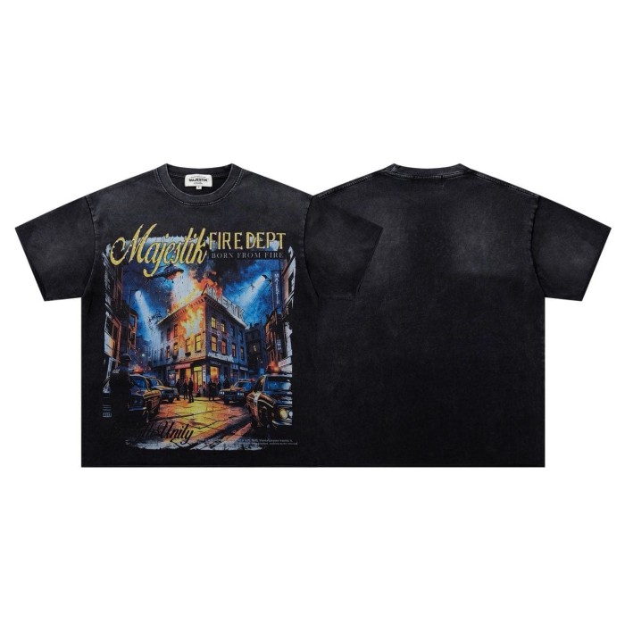 Urban Fire Scene Rhinestone Print Washed Tee 29060721