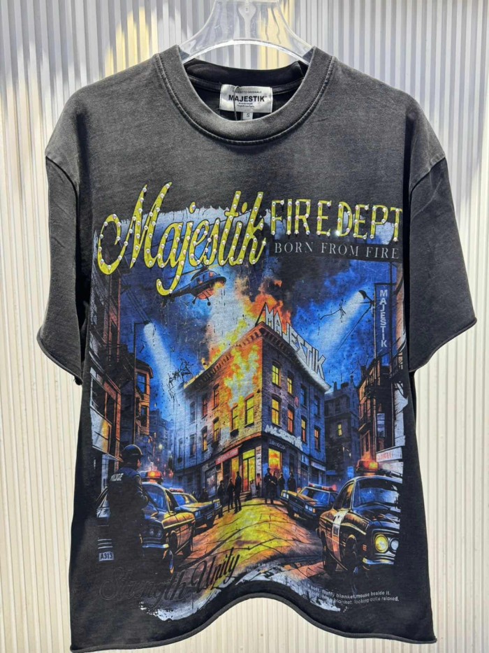 Urban Fire Scene Rhinestone Print Washed Tee 29060721