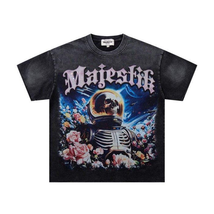 Flower Space Skull Rhinestone Print Washed Tee 29060787