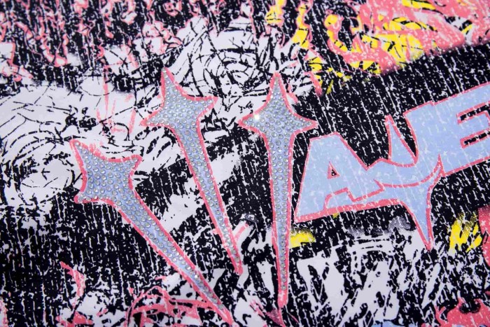 Abstract Graffiti Art Rhinestone Print Washed Tee 29060722