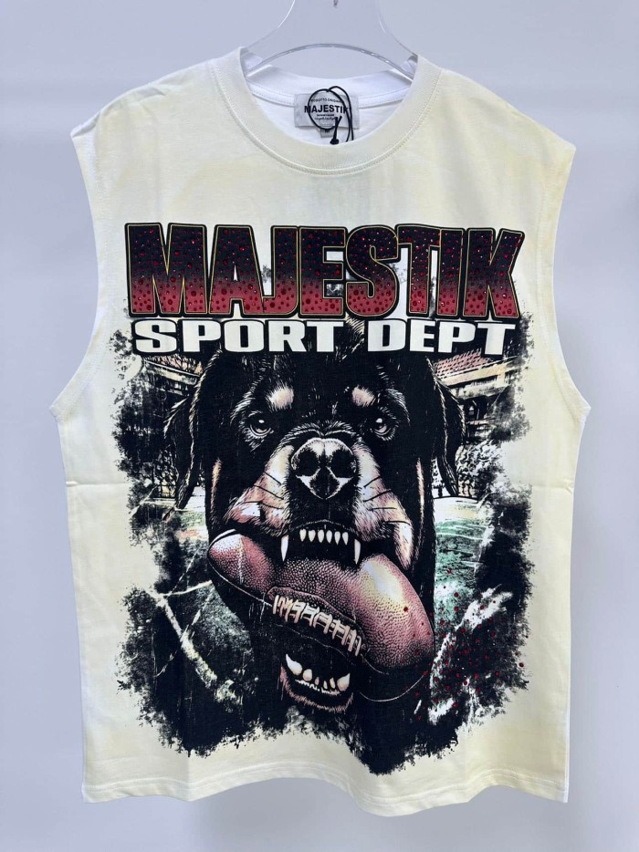 Rottweiler Rugby Rhinestone Print Washed Sleeveless Tee 29065104