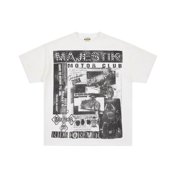 Motorcycle Club Newspaper Rhinestone Print Washed Tee 29064536