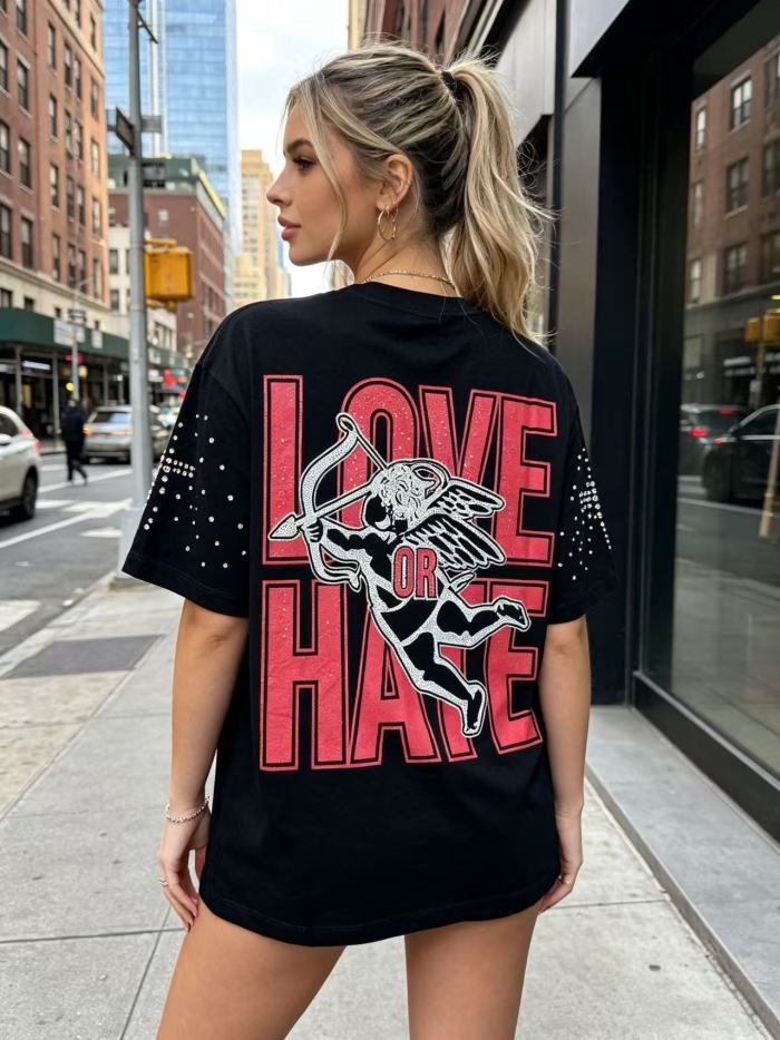 Double-sided wear love and hate Cupid rivet large logo high street lazy style T-shirt 29065224