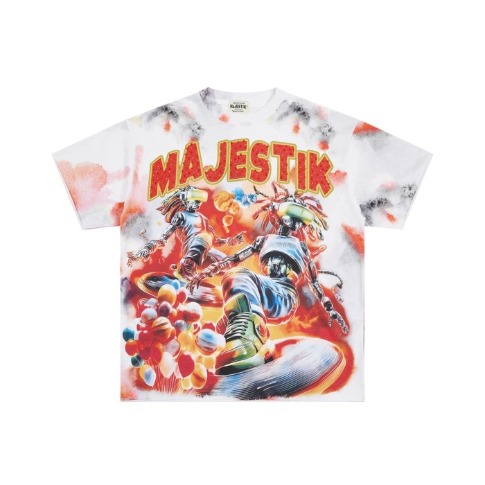 Tie-dye Universe Skateboard Robot Rhinestone Print Washed Tee 29064543