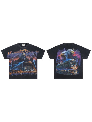 Lightning Eagle Train Rhinestone Print Washed Tee 29064548