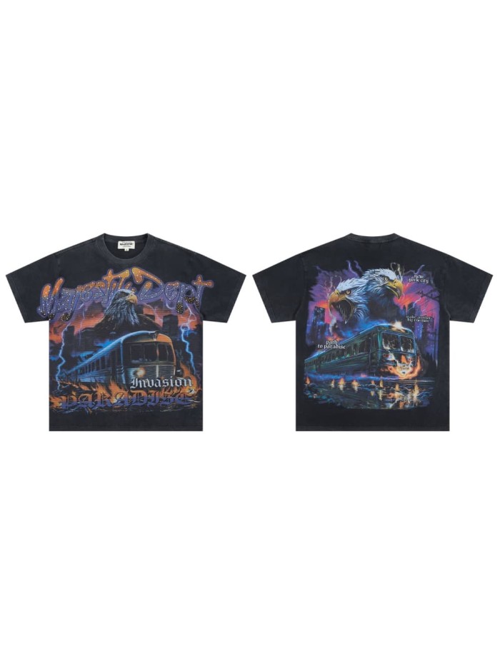Lightning Eagle Train Rhinestone Print Washed Tee 29064548