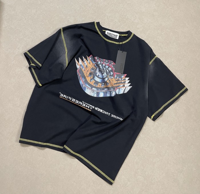 Vintage contrast-colored sawtooth badge loose-fitting drop-shoulder short-sleeved T-shirt 29062612