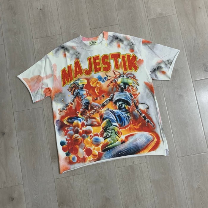 Tie-dye Universe Skateboard Robot Rhinestone Print Washed Tee 29064543