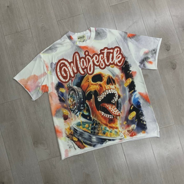 Tie-dye Space Skull Rhinestone Print Washed Tee 29064550