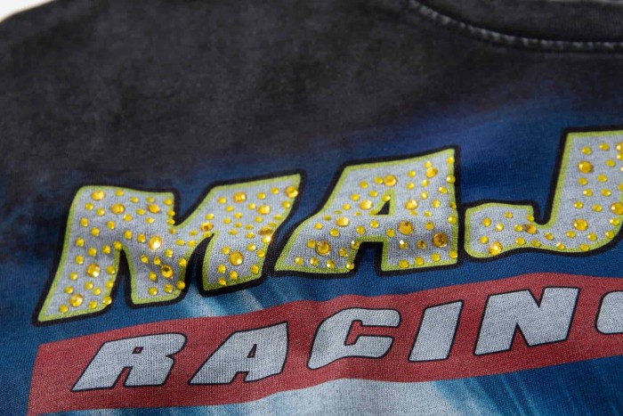 Motorcycle Racing Hero Slogan Rhinestone Print Washed Tee 29065106