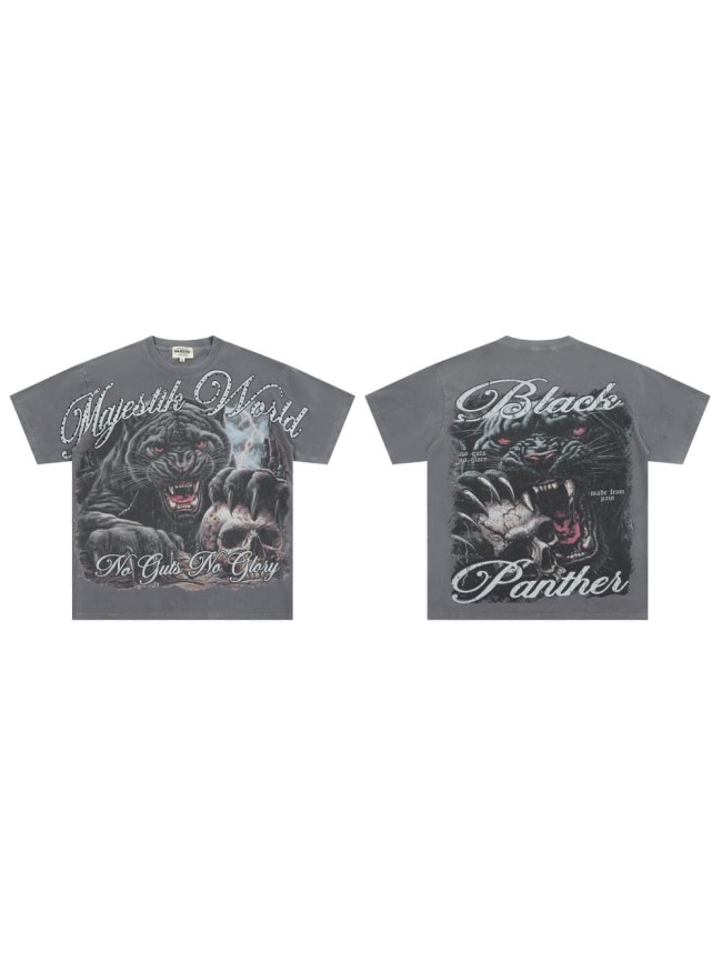 Black Panther Skull Rhinestone Print Washed Tee 29064547
