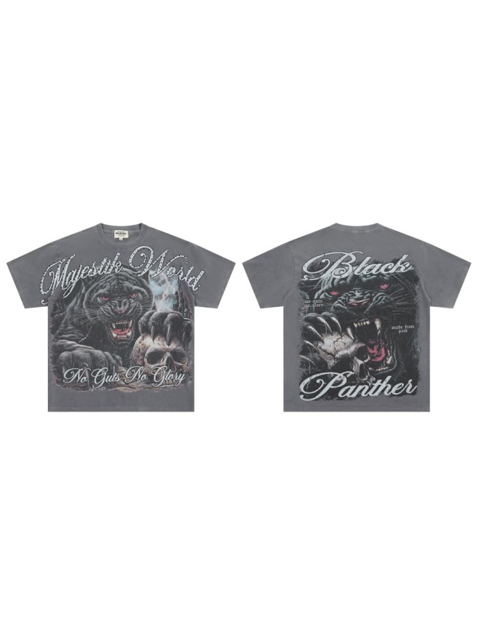 Black Panther Skull Rhinestone Print Washed Tee 29064547