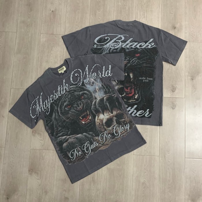 Black Panther Skull Rhinestone Print Washed Tee 29064547